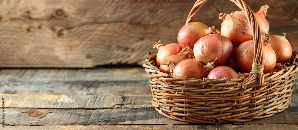 Aufkleber A wicker basket on a wooden table filled with ripe onions with copy space image