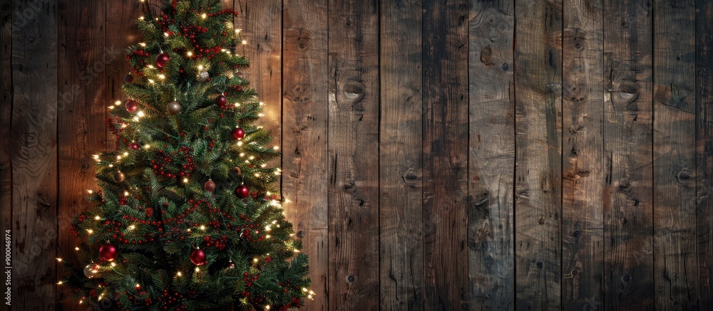 Poster a christmas tree set against a rustic wooden backdrop creates a festive ambiance with copy space ima
