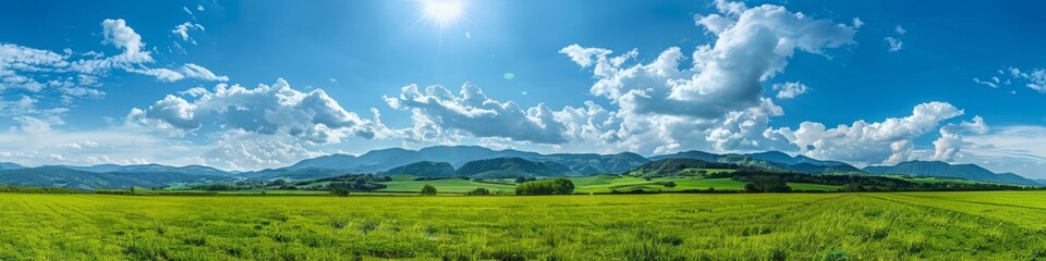 Fototapeta premium Breathtaking Panoramic Natural Landscape: Lush Green Meadow Under Vibrant Blue Sky with Fluffy Clouds and Majestic Mountains. Idyllic Scenery Perfect for Relaxation, Outdoor Adventure, and Environment