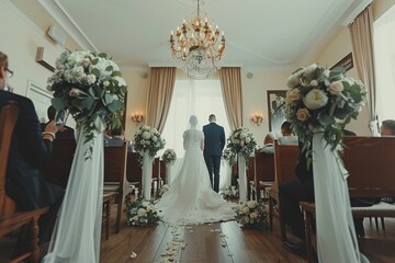 Elegant wedding ceremony in a grand venue with high ceilings and lavish floral arrangements capturing the essence of luxury and celebration