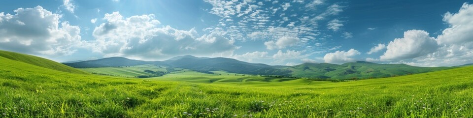 Fototapeta premium Breathtaking Panoramic Natural Landscape: Lush Green Meadow Under Vibrant Blue Sky with Fluffy Clouds and Majestic Mountains. Idyllic Scenery Perfect for Relaxation, Outdoor Adventure, and Environment