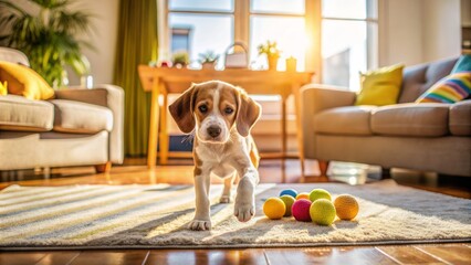 Adorable puppy plays fetch with abandoned toy in a modern, sun-bathed living room with sleek furniture, rugs, and vibrant colors, evoking joy and playfulness.