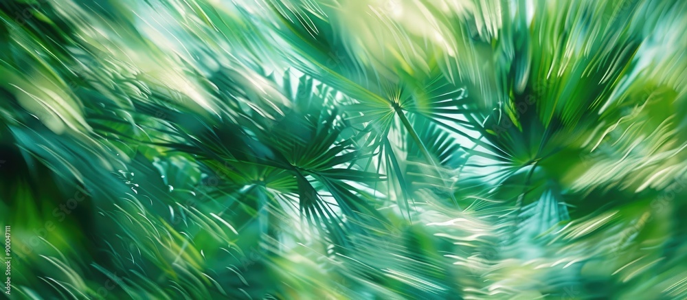 Poster Blurry leaves of a moving palm tree create an abstract pattern suitable for business blogs t shirt designs or water sports shown in an artistic photograph with filtered effect. with copy space image