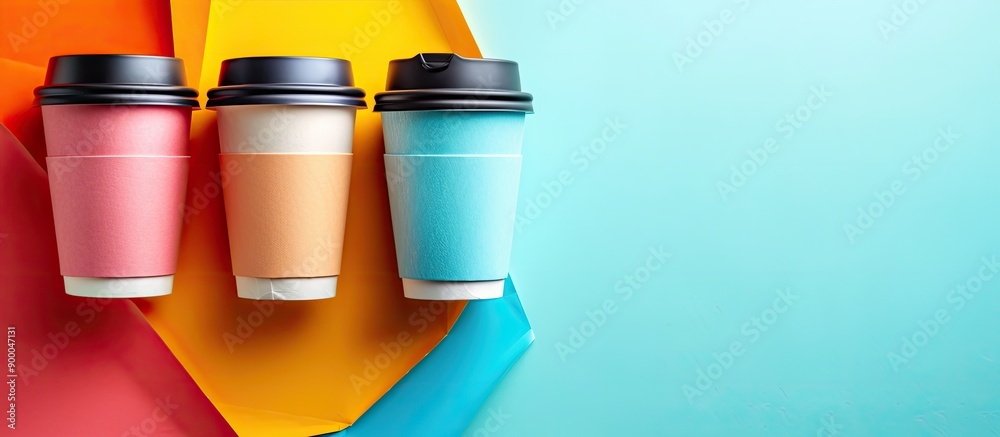 Aufkleber colorful paper background with take away coffee cups symbolizing recycling emphasized by copy space 