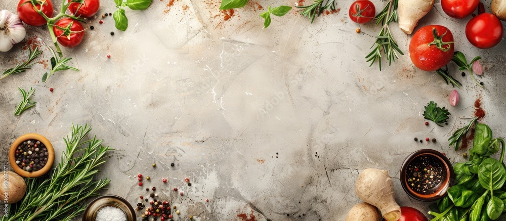 Aufkleber top down view of vegetarian cooking ingredients on an eco food background with copy space image