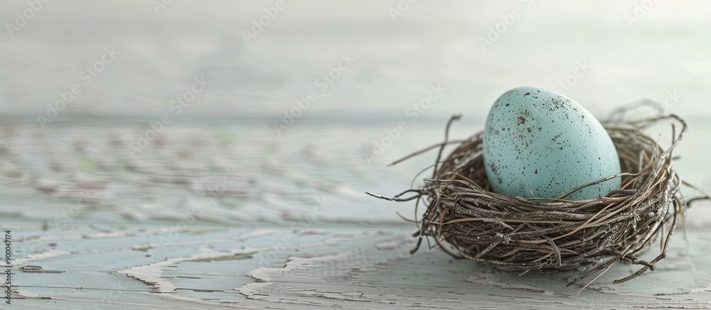 Leinwandbilder An Easter themed image features an egg placed in a nest cup on a white wooden surface creating a serene and seasonal scene ideal for a spring themed greeting card with room for additional text or ima
