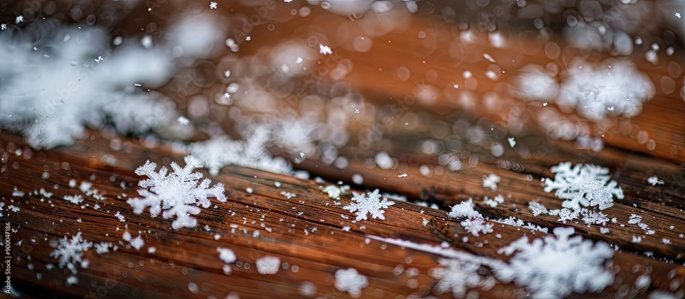Aufkleber close up macro shot featuring snowflakes on a vintage wooden backdrop with selected focus ideal as a