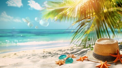 Obraz premium Tropical beach with sunbathing accessories, summer holiday background