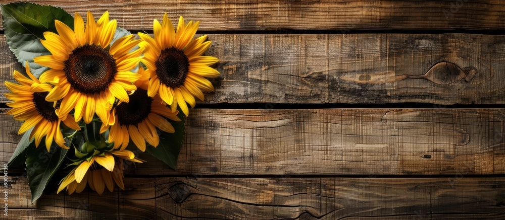 Poster flat lay composition of stunning sunflowers on a rustic wooden backdrop with copy space image availa