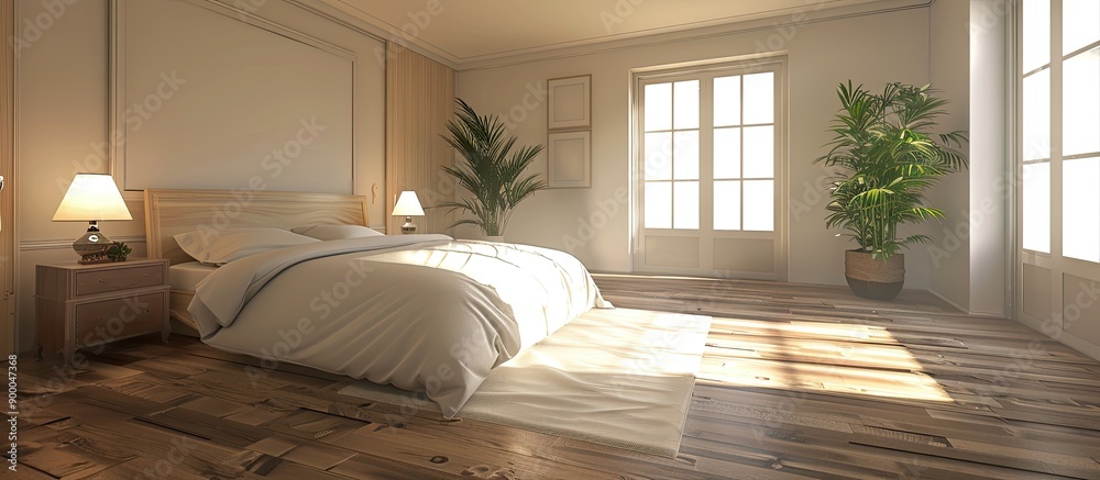 Poster empty bedroom showing private bathroom inside no occupants ideal for guests copy space image