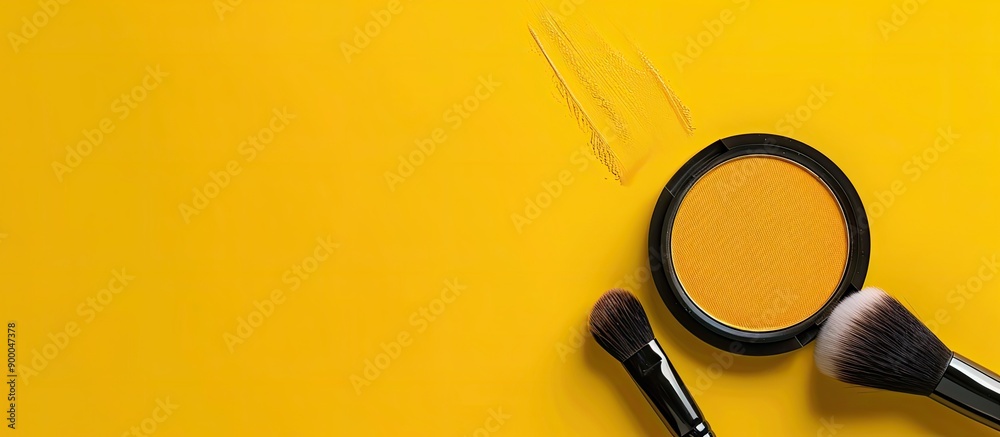 Poster makeup essentials like a facial highlighter and bright brush displayed atop a yellow backdrop in a f