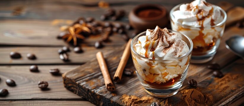 Affogato coffee Hot espresso poured over vanilla ice cream topped with whipped cream caramel powder and cinnamon on a wooden table with copy space image