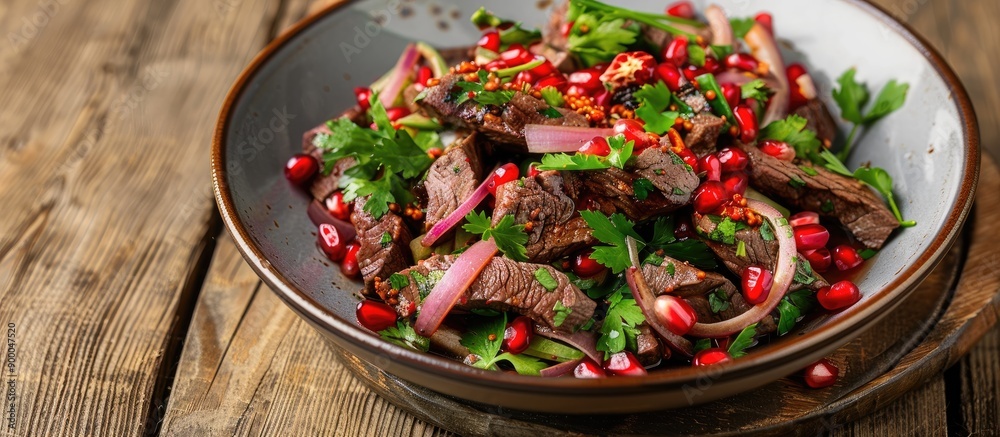 Poster georgian cuisine offers a healthy salad comprising beef onion and cilantro in a sweet and sour sauce