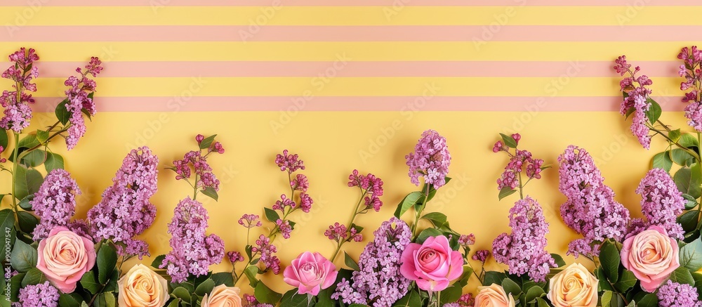 Poster pink roses and lilacs border a striped yellow backdrop with a spot for your copy space image
