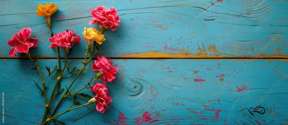Poster Mother s Day photography concept featuring lovely carnations on a template card set against a vibrant wooden backdrop with empty space for text shot from above in a flat lay style