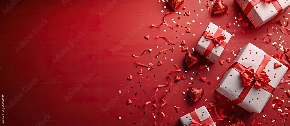 Aufkleber valentine s day composition featuring gift boxes confetti on a red background with copy space image