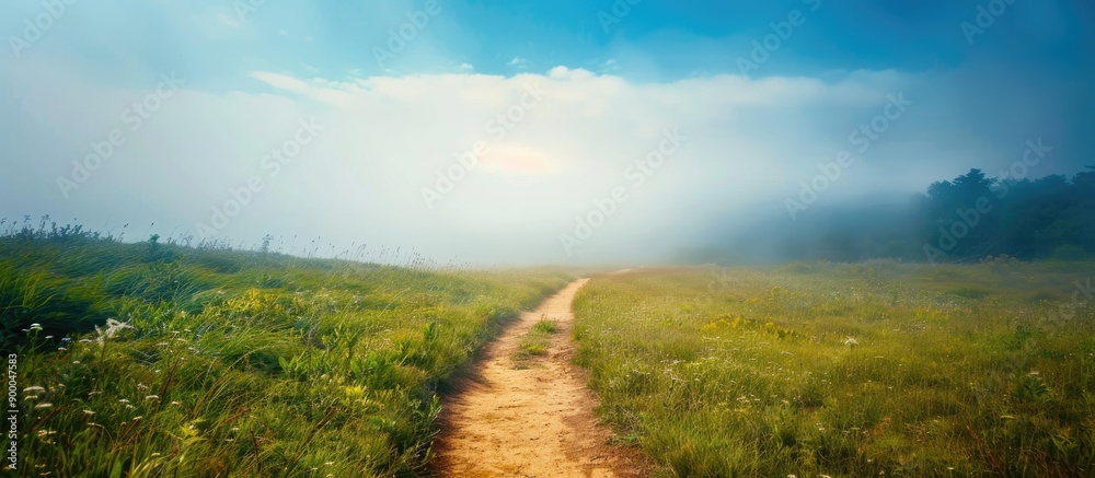 Aufkleber Scenic walking trail within a foggy setting with a blue sky backdrop perfect for photos with a large blank space for text or graphics. with copy space image. Place for adding text or design