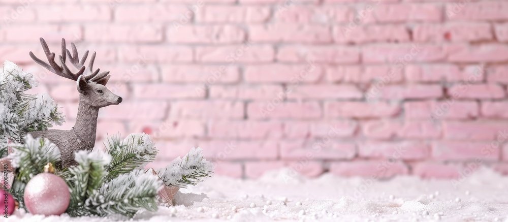 Poster festive fir tree branches and deer decoration on pink backdrop with white brick wall offering space 