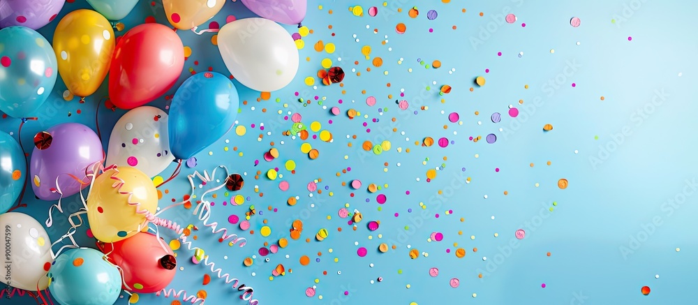 Poster Top view of a birthday or party themed image with balloons confetti and ribbons on a blue background suitable for a copy space image