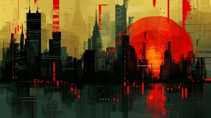 Cityscape with Red Sunset and Abstract Geometric Elements