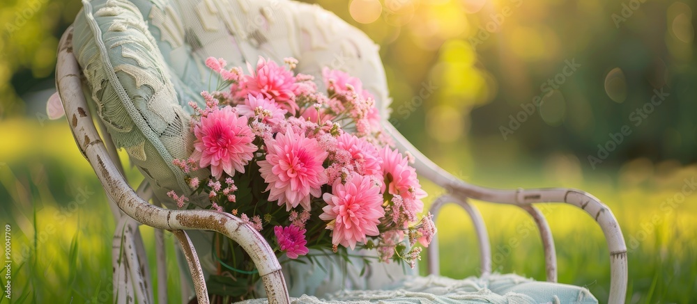 Aufkleber A pink flower bouquet placed on a garden chair with a background perfect for adding text or an image known as a copy space image