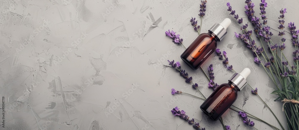 Aufkleber Top down view of two unbranded cosmetic serum bottles alongside a lavender bunch on a gray backdrop providing ample space for additional text or images