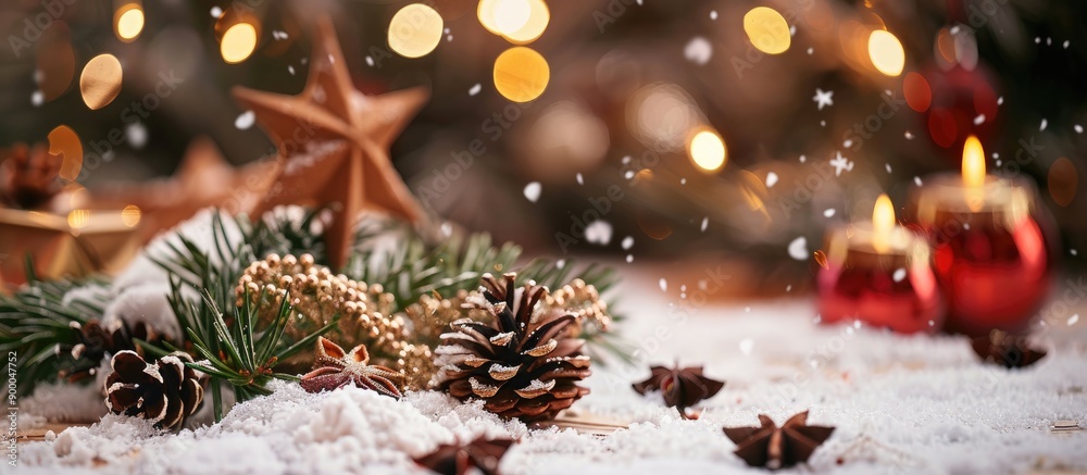 Poster selective focus on christmas cards featuring snow and decorations with a new year theme leaving a cl