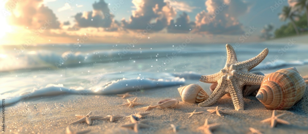 Poster summer vacation scene with starfish shells and a picturesque shore in a beach setting with copy spac