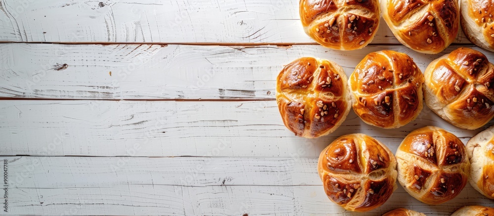 Aufkleber Easter themed Hot Cross Buns arranged on a white wooden background with a side border and space for additional images