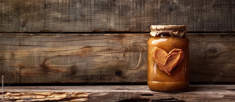 Aufkleber Heart sketched on peanut butter in a jar against a wooden backdrop with ample copy space image