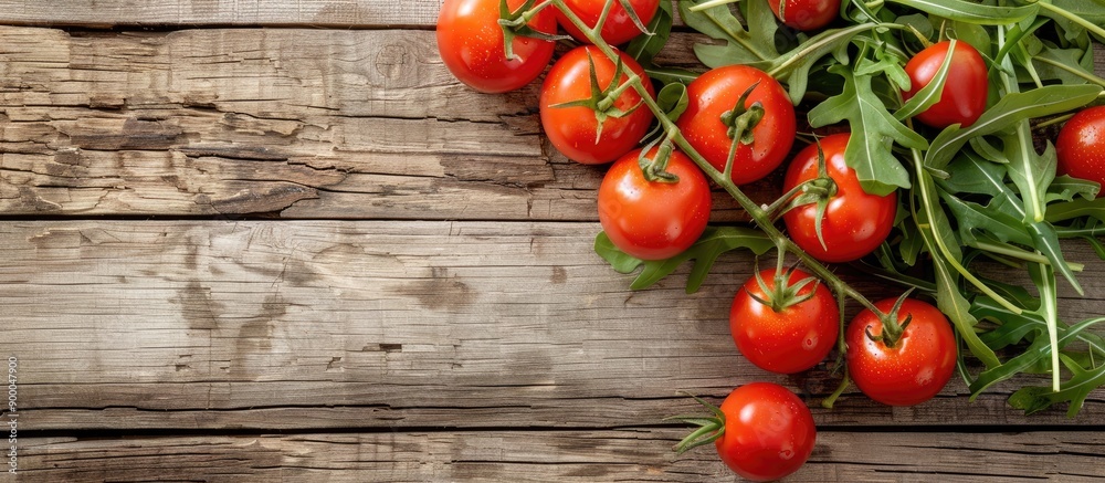 Fototapete wooden background with tomatoes and arugula creating a pleasing composition in a copy space image
