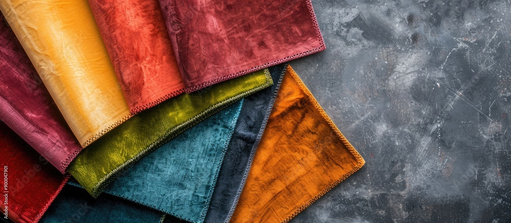 Poster colorful luxury velvet fabric samples arranged on a stone table in a top down view with ample space 