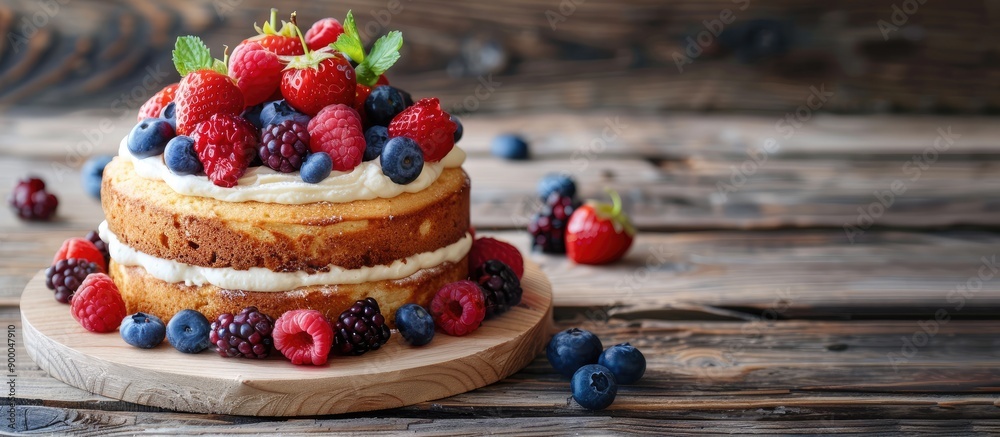 Fototapete Delectable homemade cake topped with fresh berries displayed on a rustic wooden table with a blank space for text or image insertion. with copy space image. Place for adding text or design