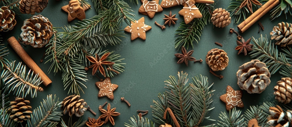 Poster top view of a christmas themed arrangement featuring fir branches pine cones cookies cinnamon sticks