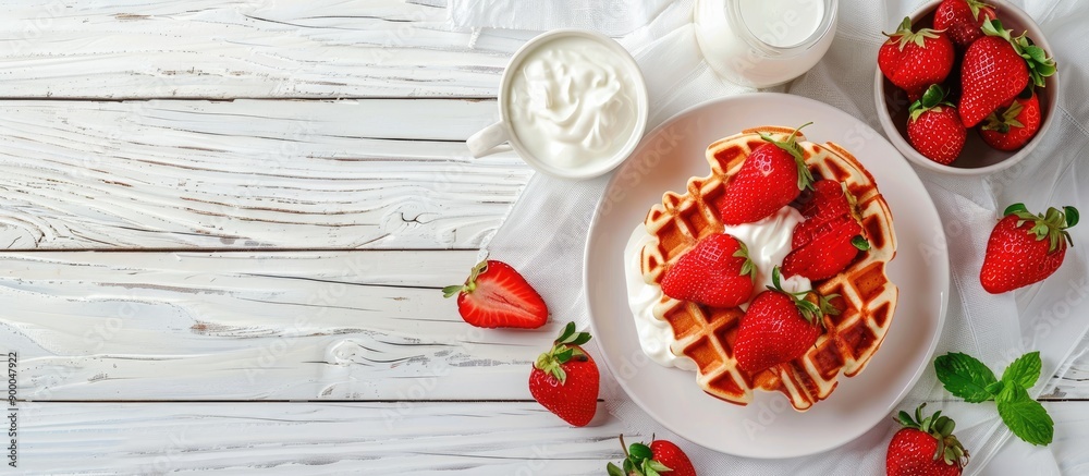 Poster top view of a set breakfast with fresh strawberries on a white wooden backdrop including tasty rice 
