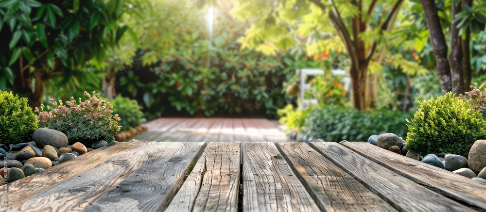 Aufkleber empty wooden board in a garden with copy space image