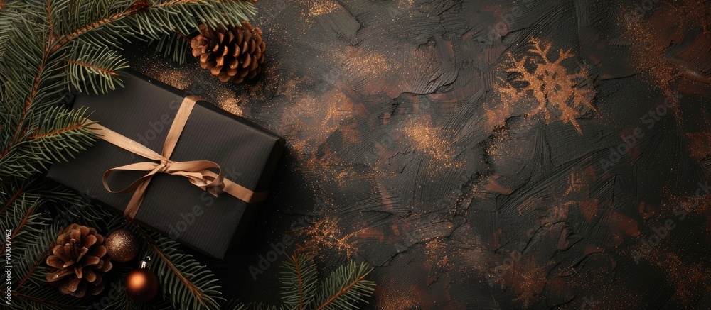 Poster christmas gift box in black and brown paper set on a textured surface with pine branches ideal for a