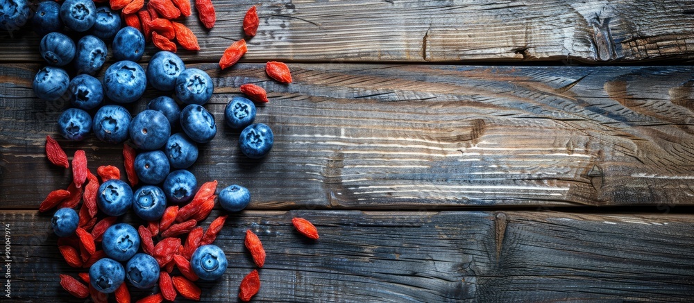 Aufkleber blueberries and goji berries arranged on a wooden table with copy space image
