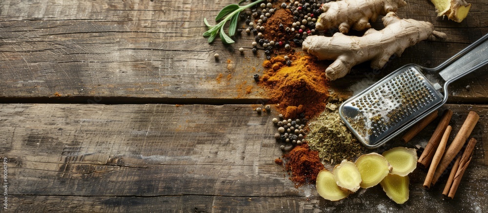 Aufkleber An arrangement of assorted spices on an aged wooden table with a grater and a sliced ginger root with available copy space image