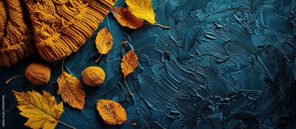 Poster autumn leaves on a dark backdrop with yellow knitting ideal for a copy space image
