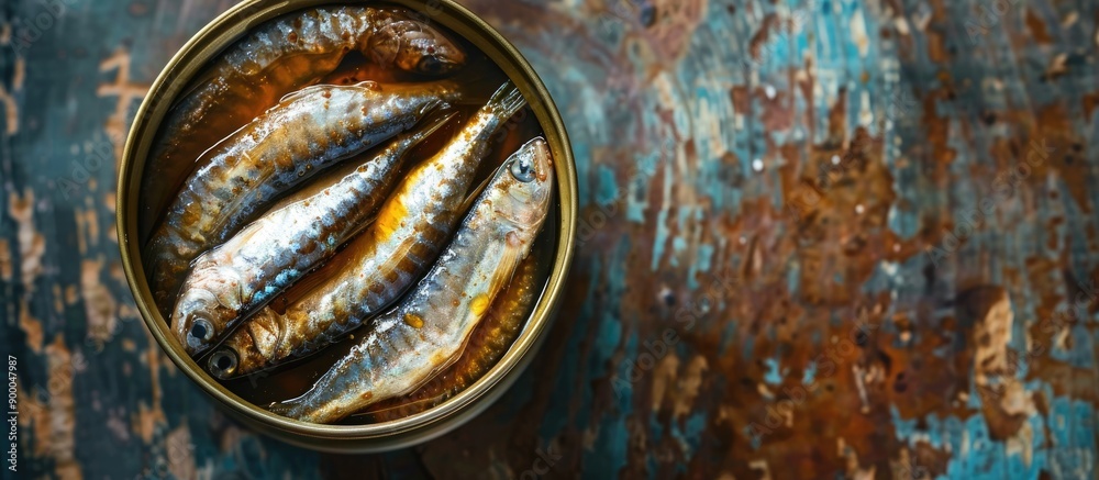 Leinwandbilder top view of anchovies in a tin can with copy space image for a rustic seafood background suitable fo