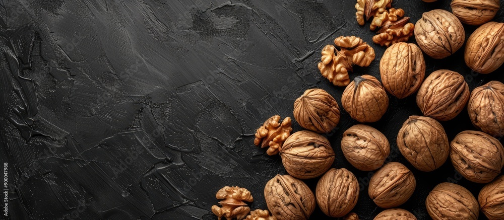 Poster top view of walnuts in shells arranged on a black surface with a background of round walnuts composi