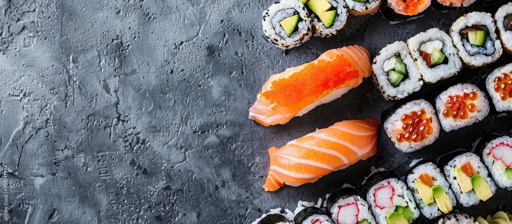 Fototapete a variety of sushi rolls featuring salmon trout tuna tobiko caviar and nori set on a table with a vi
