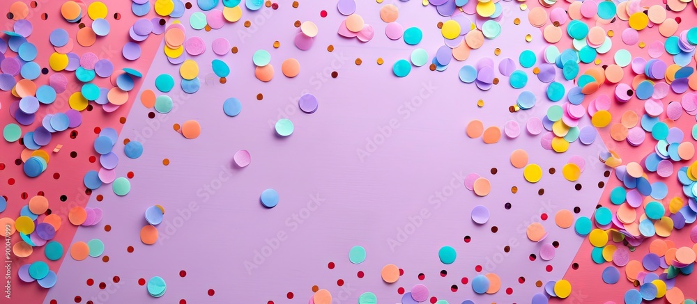 Aufkleber Purple pastel paper adorned with colorful confetti creates a festive geometric background perfect for both party decor and project visuals in a flat lay top view image with ample copy space