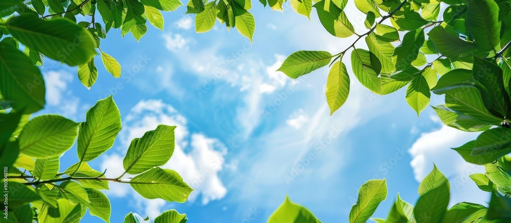 Poster sky forms the backdrop for green leaves framing a copy space image ideal for text integration