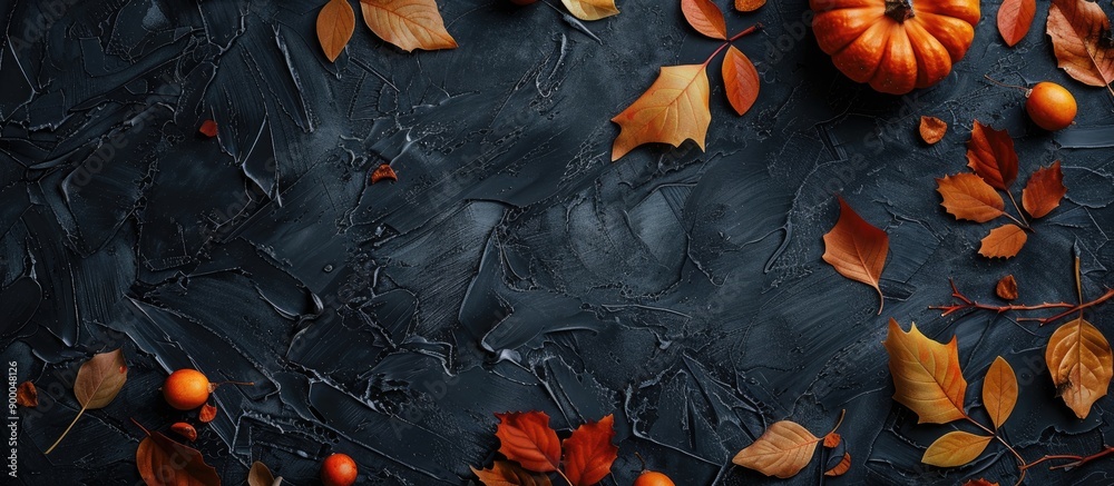 Leinwandbilder autumn themed decoration featuring leaves and pumpkin on a dark background the layout is top view en