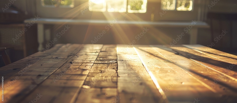 Aufkleber Sunlight streaming onto a wooden table creating a warm and inviting ambiance with room for a copy space image