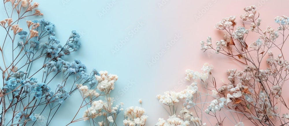 Aufkleber flat lay showing white and blue dried flowers on a pastel background with copy space image available