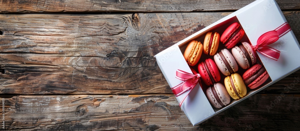 Poster Valentine s Day theme with colorful macaroons in a white gift box on a rustic wooden background combined with a blank area for text or images. with copy space image. Place for adding text or design