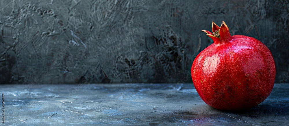 Leinwandbilder Close up of a ripe pomegranate on a dark marble background with space for text highlighting its health benefits and use in grenadine. with copy space image. Place for adding text or design